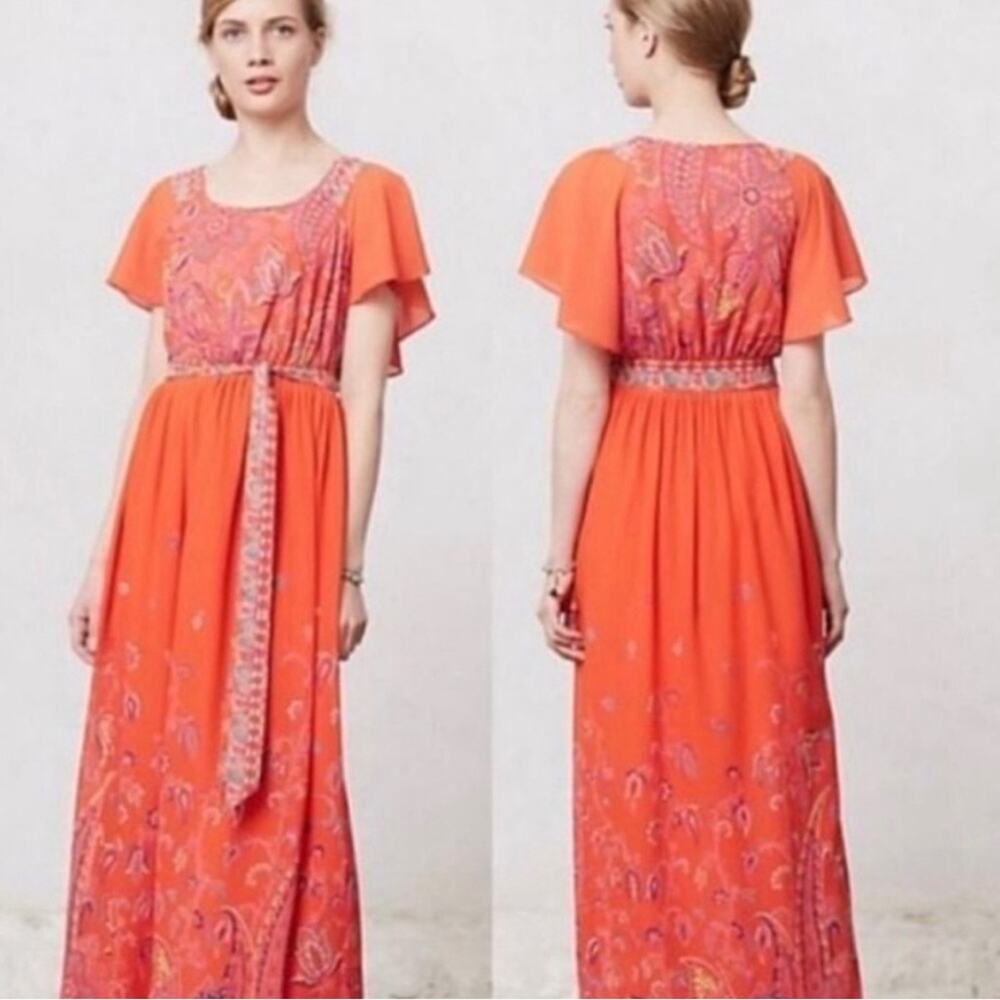 Maeve Orange Paisley Floral Short Sleeve Scoop Neck Belted Maxi Dress Size 6